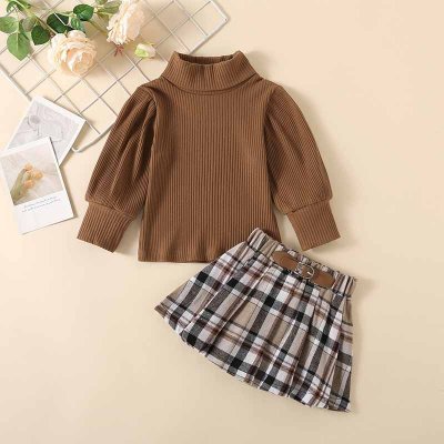 Kids Toddler Girls Fashion Casual Solid Color Rib-Knit Long-Sleeved Turtle Neck Top Plaid Skirt Sets