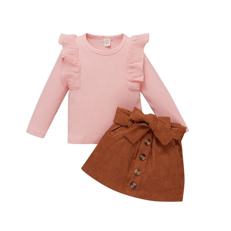 Kids Toddler Girls Spring Autumn Casual Cute Solid Color Rib-Knit Long Sleeve Top Skirt Sets