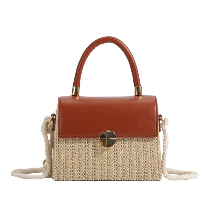 Summer Women Simple Square Straw Woven Flap-On Hemp Rope Handle Shoulder Bag