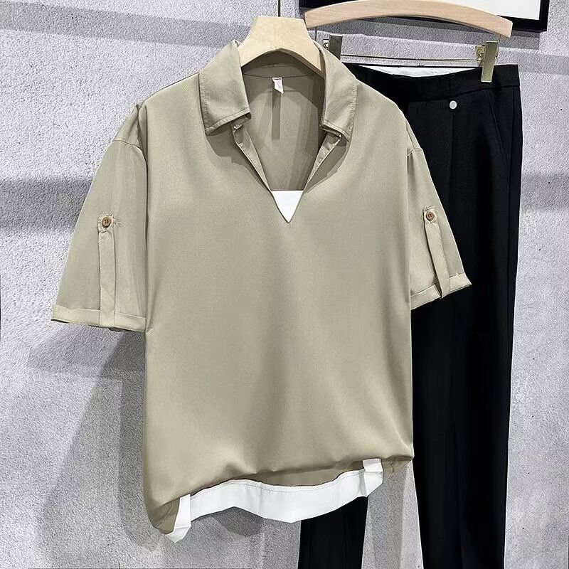 Men Fashion Casual Basic False Two-Piece Short Sleeve Lapel POLO Shirt