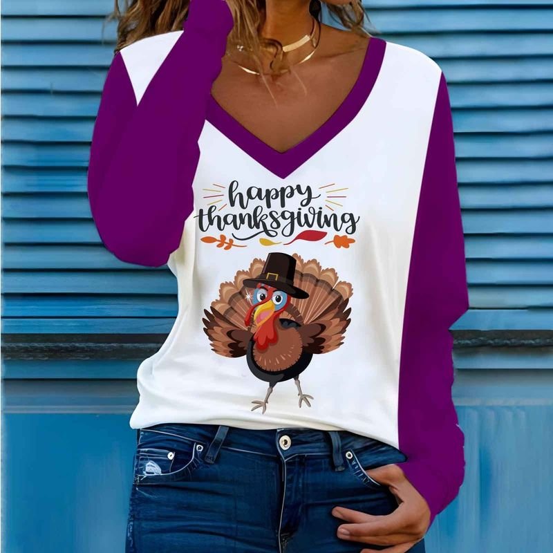 Women Long Sleeve V Neck Thanksgiving Pumpkin Autumn Turkey Party 3d Print T-Shirt