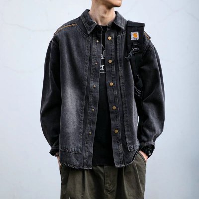 Men Fashion Casual Plus Size Long Sleeve Lapel Black Denim Jacket