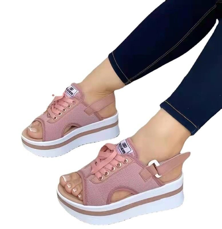 Women Fashion Lace Up Hollow Design Peep Toe Velcro Wedge Platform Sandals