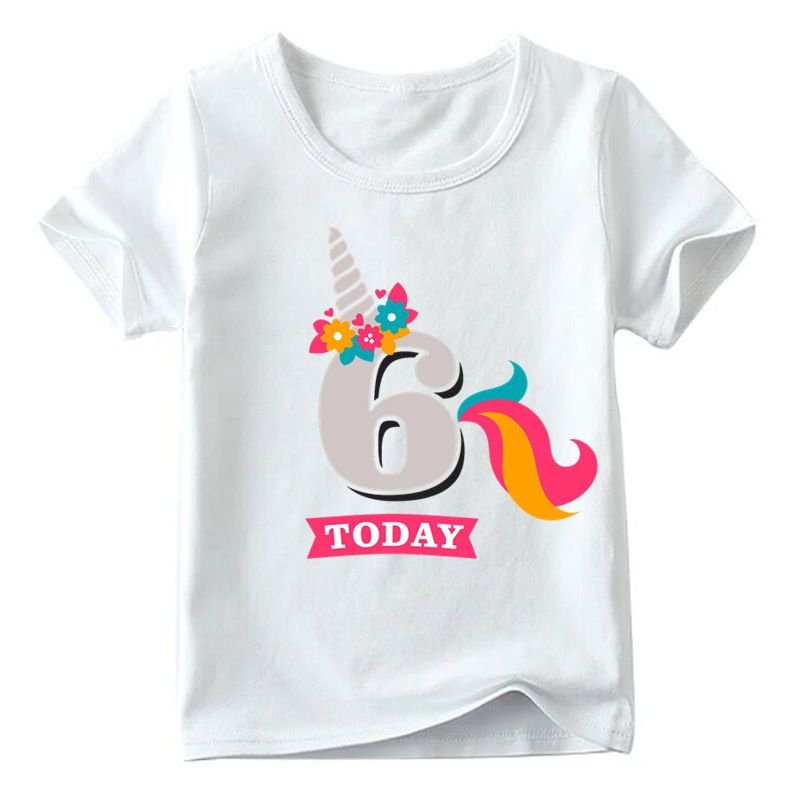 Kids Cute Cartoon Unicorn Number Pattern Round Neck Short Sleeve Birthday Loose T-shirt