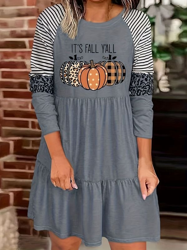 Thanksgiving Women Fashion Cartoon Pumpkin Stripe Print Dress