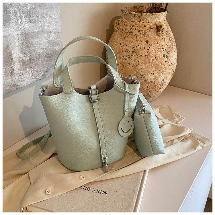 Women Fashionable Solid Color Large Capacity PU Handle Bucket Bag