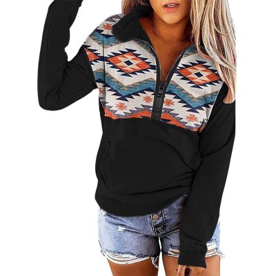 Women Fashion Geometric Print Half Zip Long Sleeve Sweatshirt