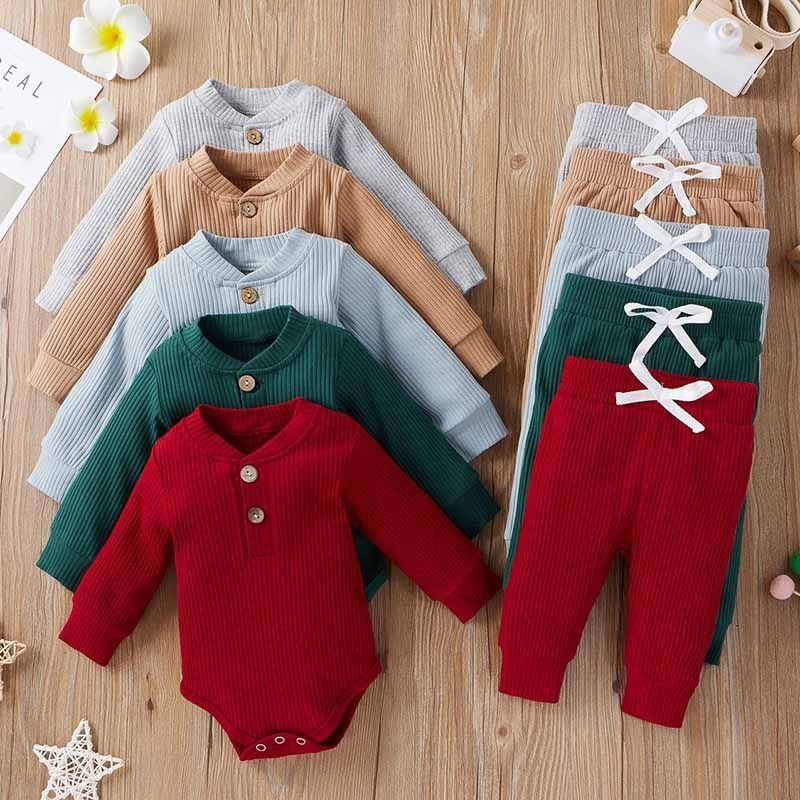 Kids Baby Boys Girls Casual Cute Solid Color Rib-Knit Long-Sleeved Romper Trousers Sets