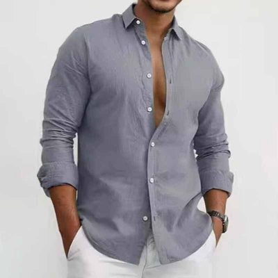 Men Fashion Casual Basic Solid Color Plus Size Long Sleeve Lapel Shirt