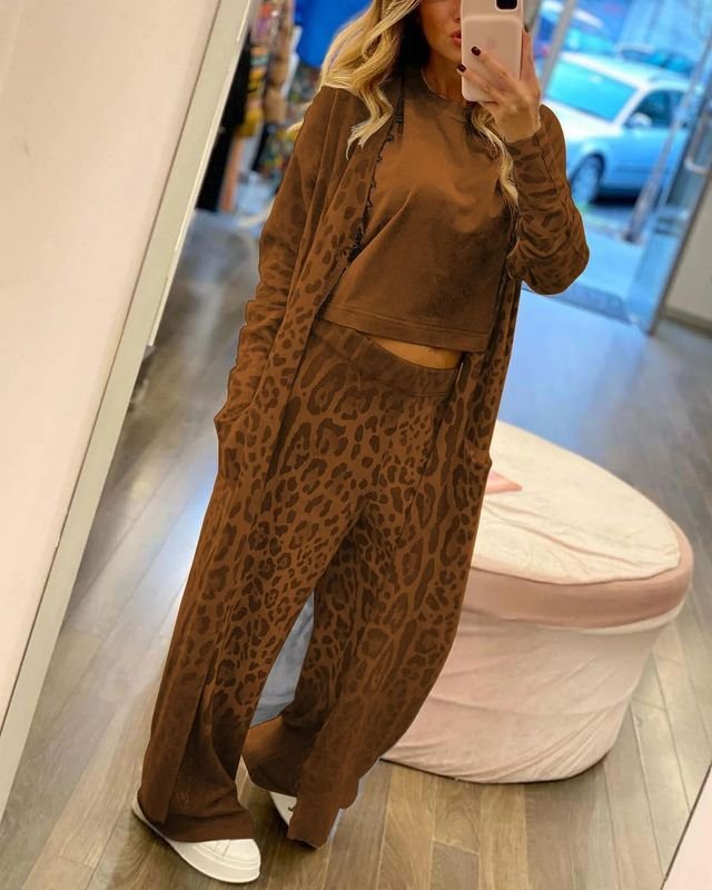 Women Casual Leopard Printed Long-Sleeved Cardigan Jacket Pants Two-Piece Set