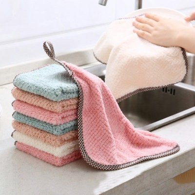 Fashion Solid Color Thickened Kitchen Household Coral Fleece Cleaning Dishcloth