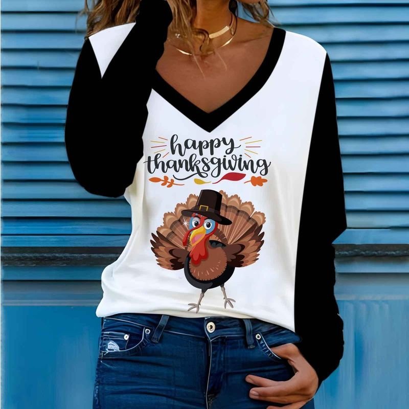 Women Long Sleeve V Neck Thanksgiving Pumpkin Autumn Turkey Party 3d Print T-Shirt