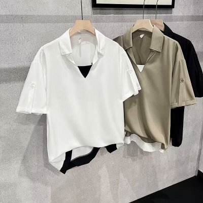 Men Fashion Casual Basic False Two-Piece Short Sleeve Lapel POLO Shirt