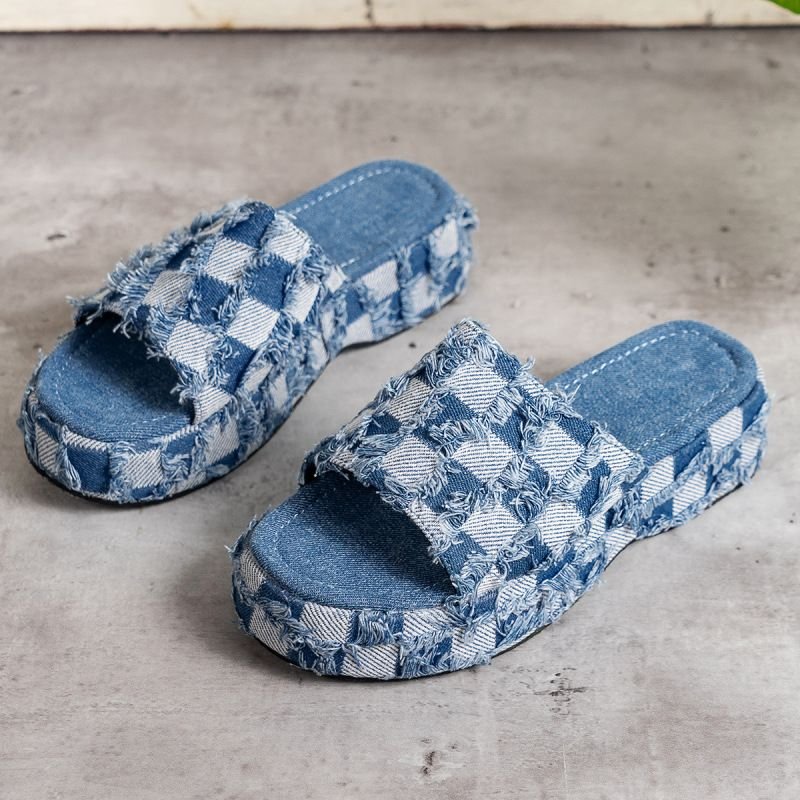 Women Fashion Casual PU Denim Plaid Round Toe Thick-Soled Slippers