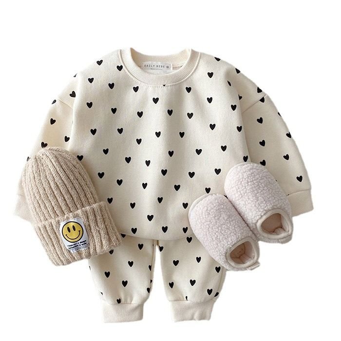 Kids Baby Boys Girls Casual Cute Hearts Print Long Sleeve Sweatshirts Trousers Sets