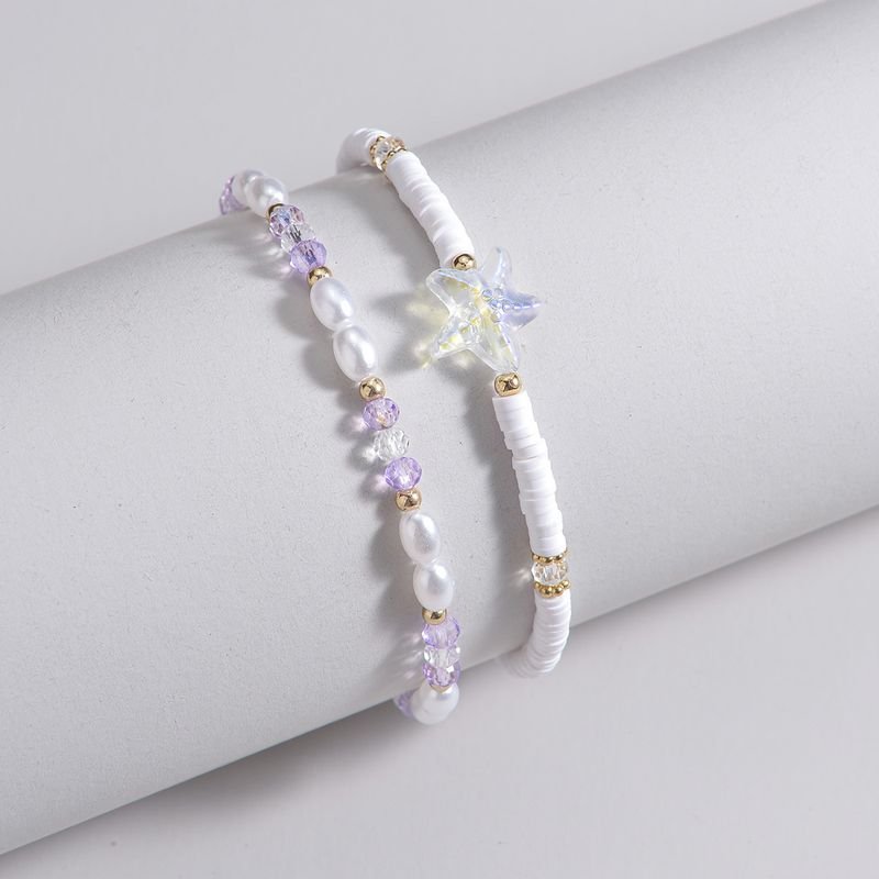 Women Fashion Acrylic Starfish Pearl Crystal Soft Ceramic Elastic Anklet 2 Piece Set