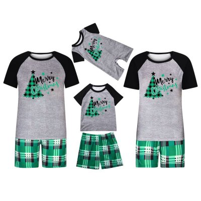 Simple Cartoon Christmas Tree Print Round Neck Short-Sleeved Top Shorts Home Parent-Child Pajamas Set