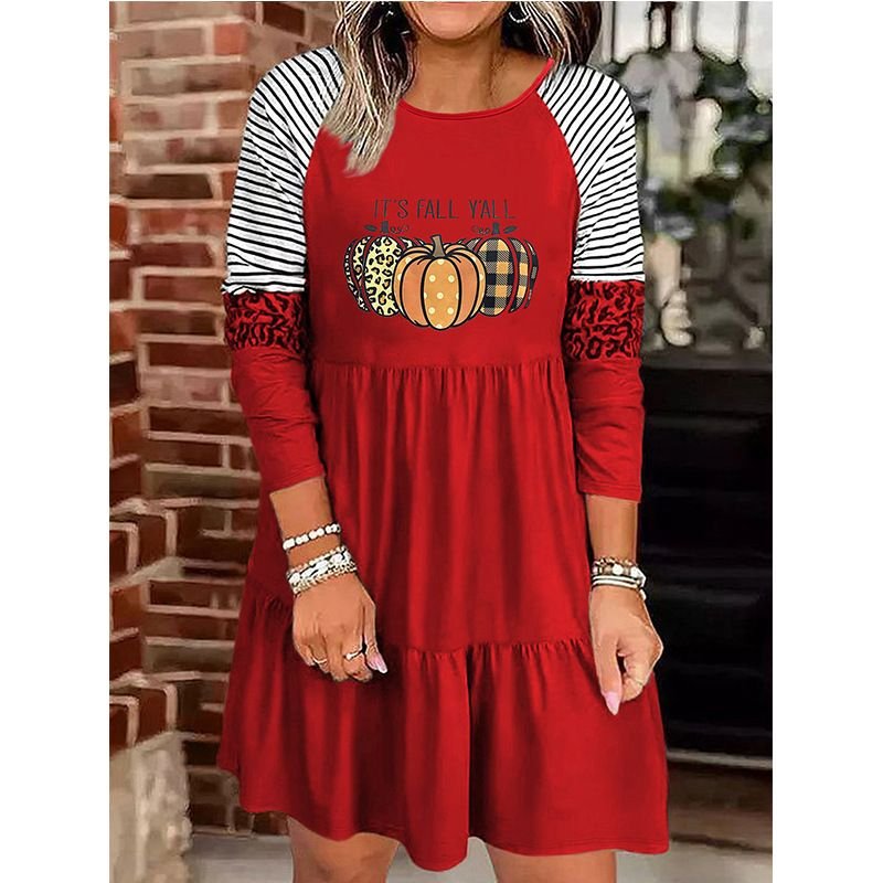 Thanksgiving Women Fashion Cartoon Pumpkin Stripe Print Dress