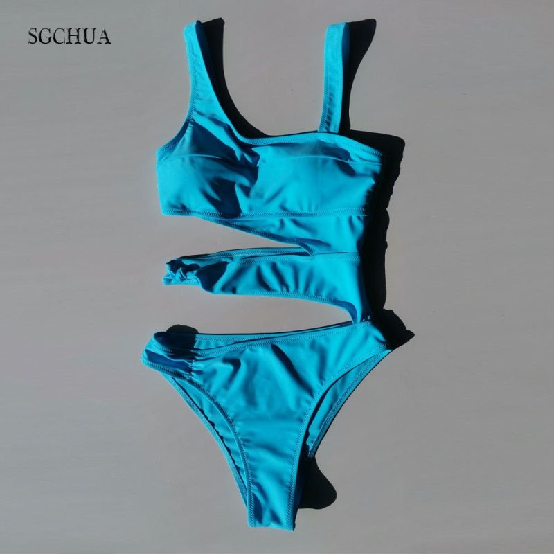 Women Basic Sleeveless Solid Color Cut Out Bandage One Piece Swimwear