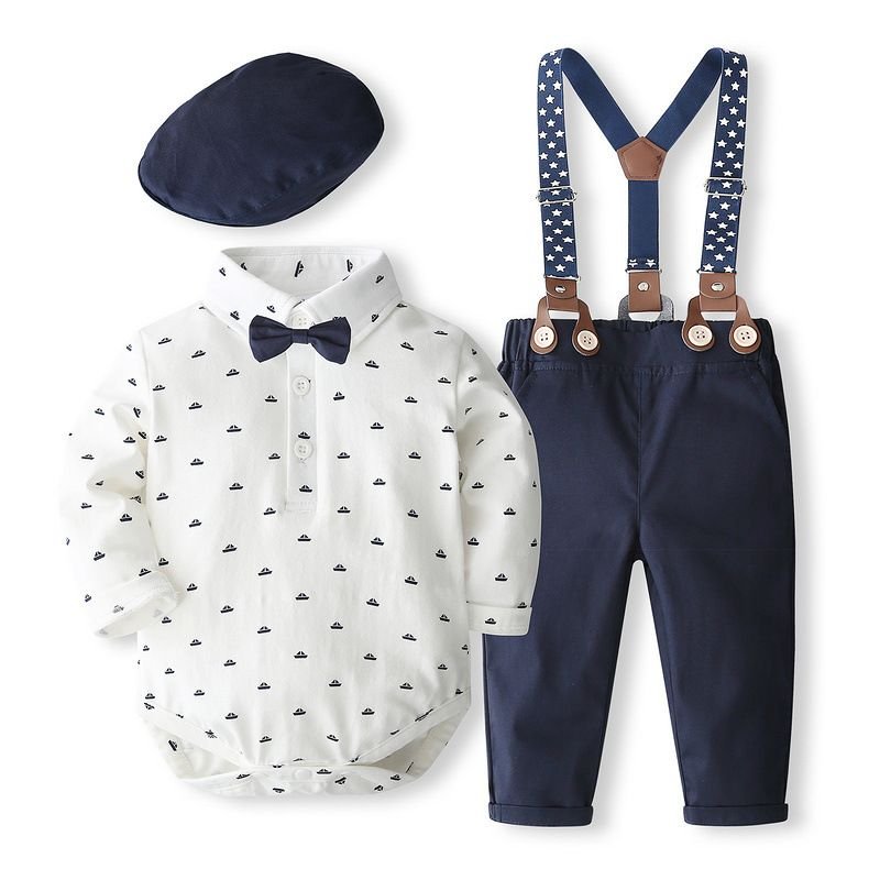 Kids Baby Boys Party Casual British Style Dinosaur Print Long Sleeve Romper Suspender Pants Sets