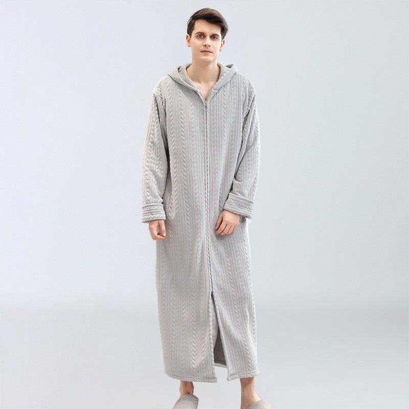 Couples Winter Casual Home Solid Color Rib-Knit Flannel Hooded Zipper Long Sleeve Robes Sleepwear