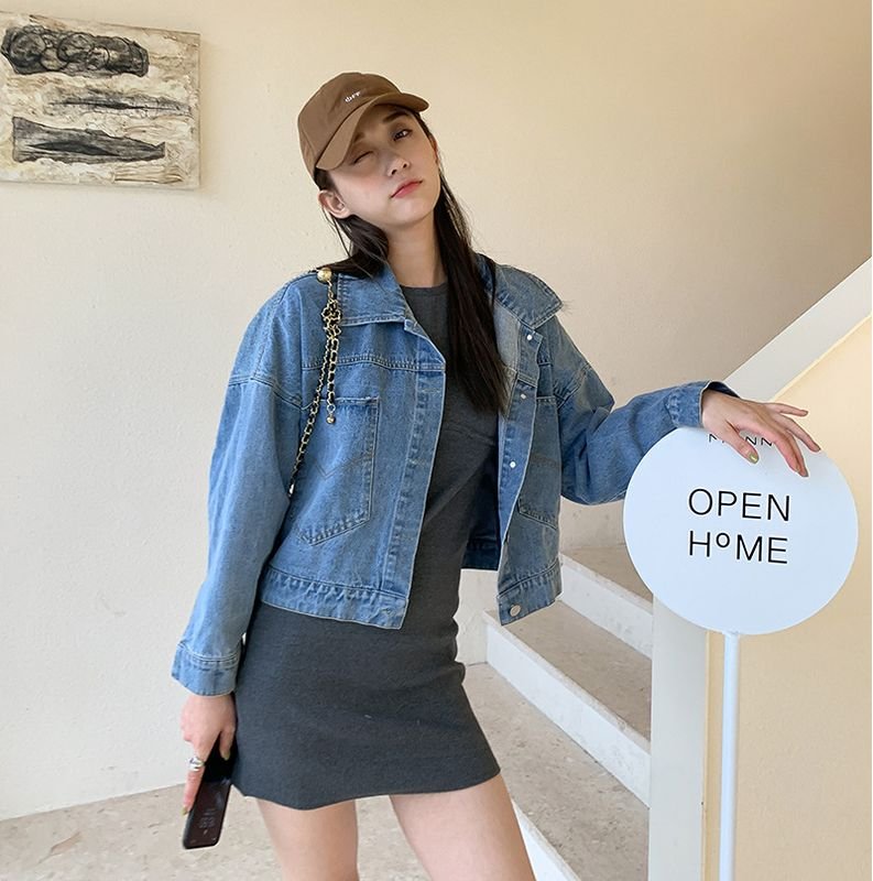 Autumn Children Fashion Casual Knitted Stretch Dress Denim Coat Parent-Child Set