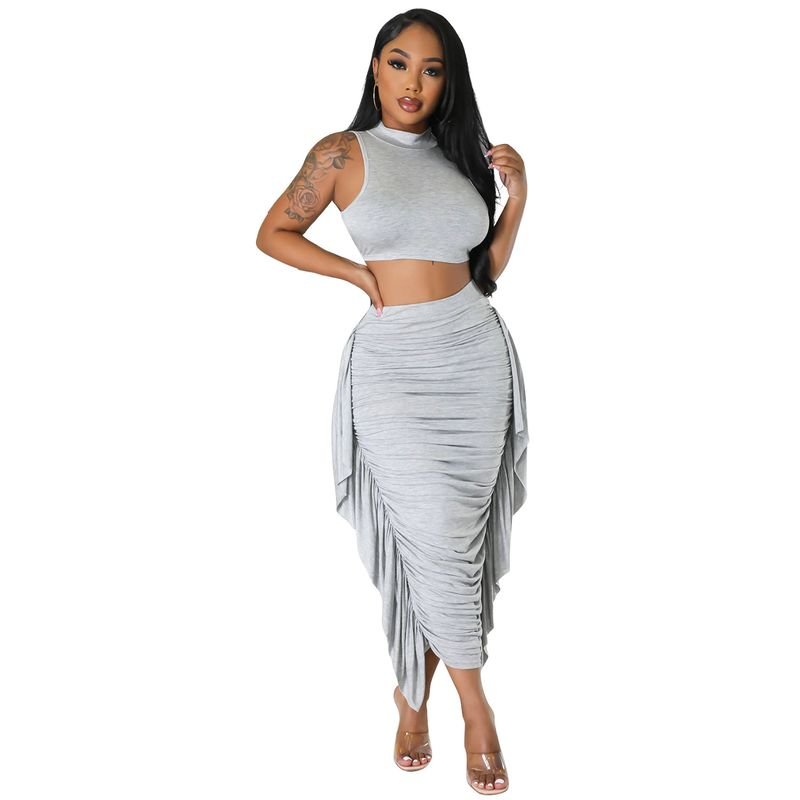 Summer Women Sexy Tight Tassel Sleeveless Skirt Two-Piece Set