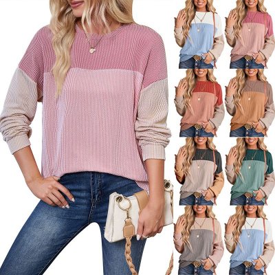 Women Fashion Casual Stripe Color Matching Round Neck Long Sleeve Sweatshirt