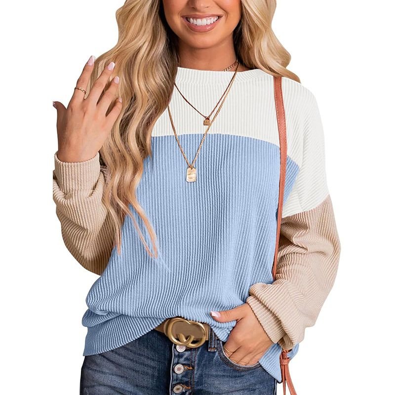 Women Fashion Casual Stripe Color Matching Round Neck Long Sleeve Sweatshirt