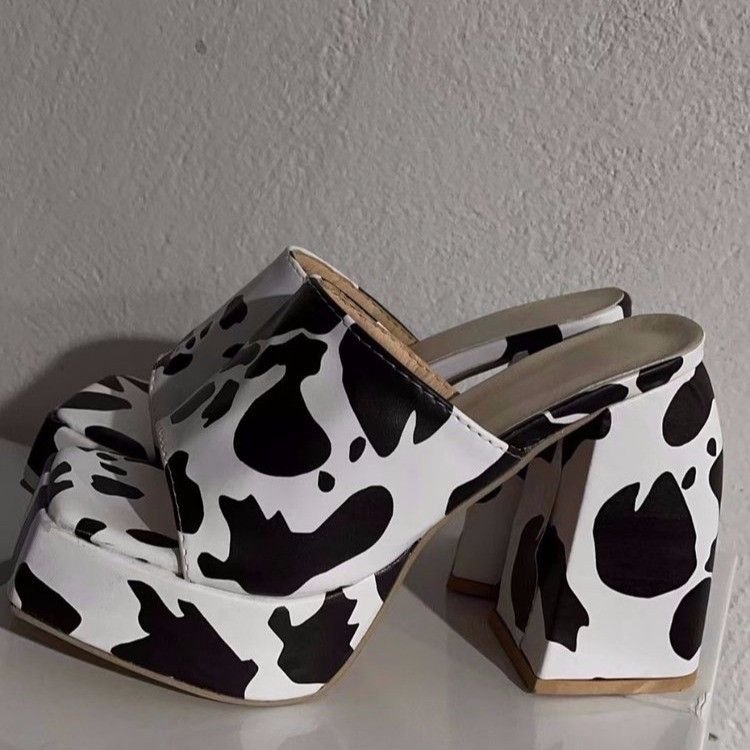 Women Fashion Exaggerated Plus Size Dairy Print Platform Chunky Heel Square Toe High Heel Slippers