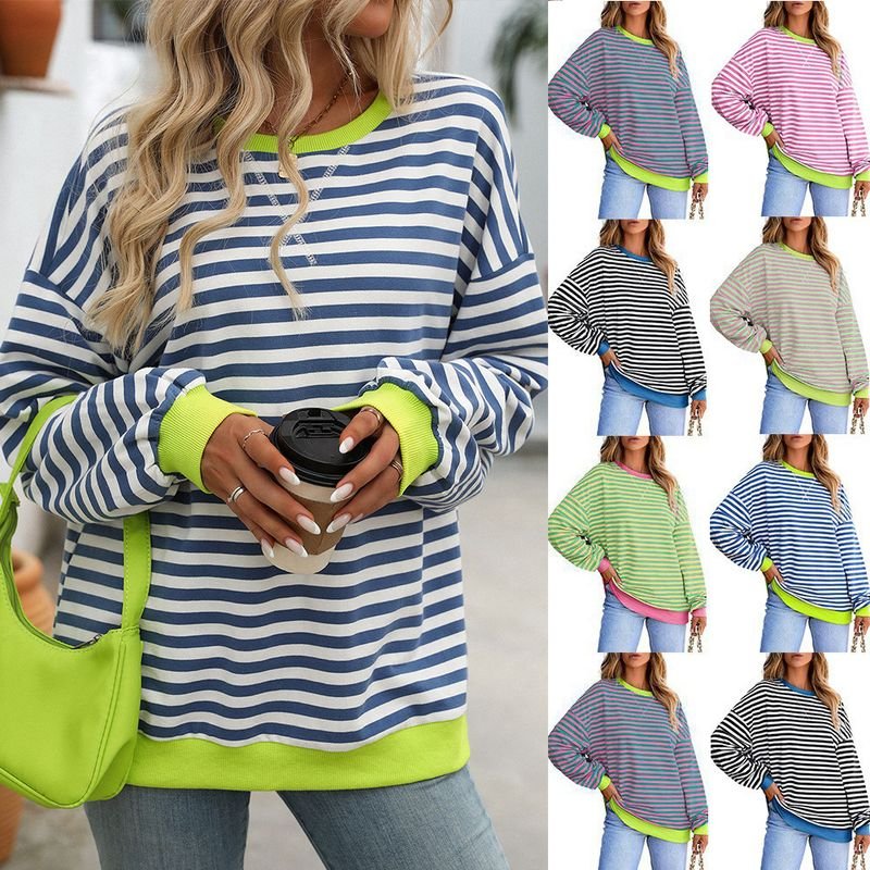 Women Fashion Stripe Print Round Neck Long Sleeve Sweatshirt