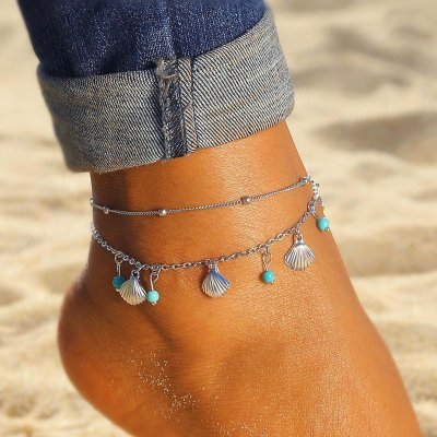 Women Fashion Shell Turquoise Beads Tassel Double-Layer Anklet