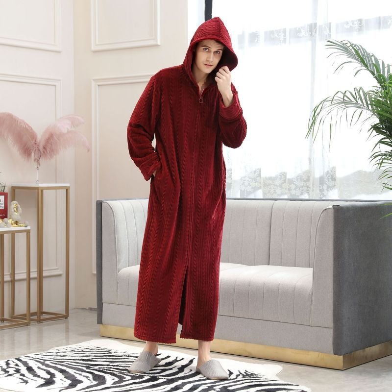 Couples Winter Casual Home Solid Color Rib-Knit Flannel Hooded Zipper Long Sleeve Robes Sleepwear