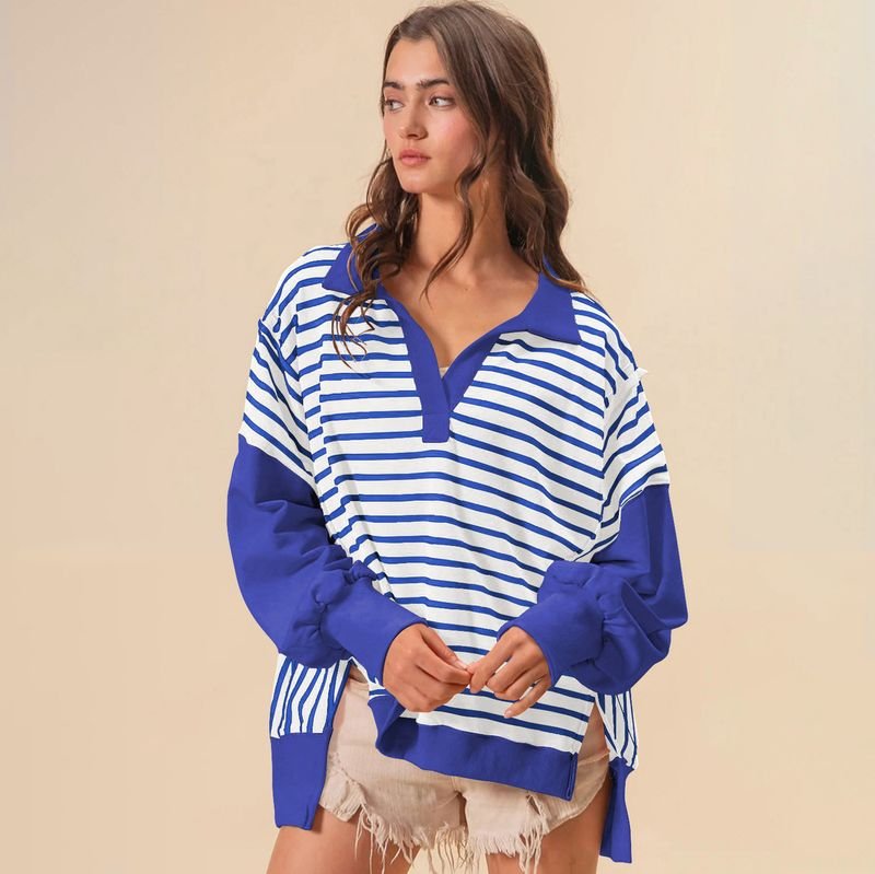 Women Fashion Loose Striped Print Lel Long Sleeve Sweatshirt