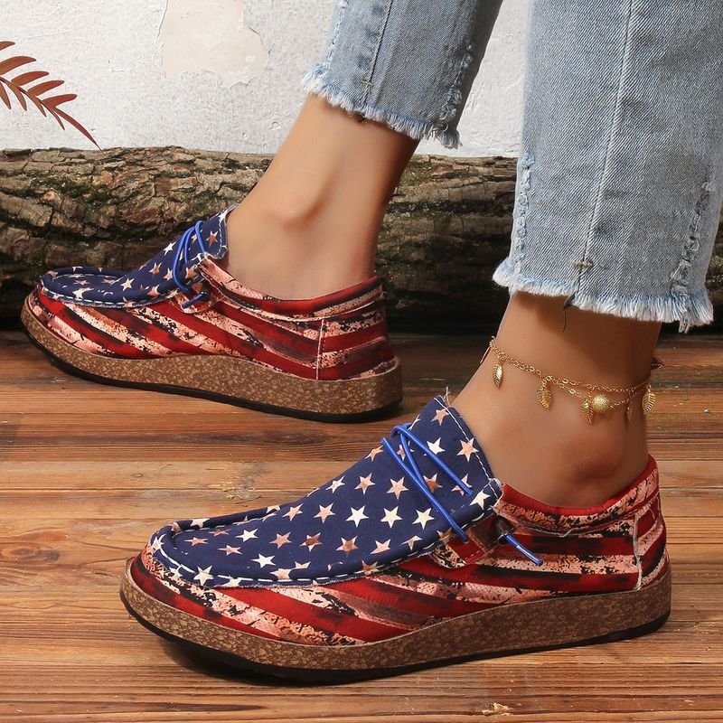 Summer Women Casual Plus Size American Independence Day Star Print Slip-On Shoes