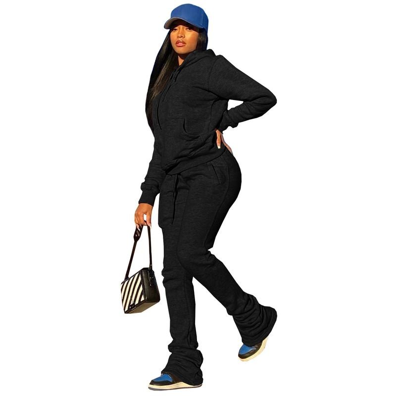 Women Fashion Solid Color Fleece-Lined Long Sleeve Hooded Sweat Drawstring Pants Two-Piece Set