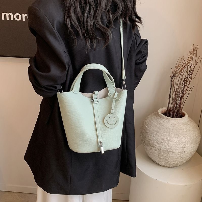 Women Fashionable Solid Color Large Capacity PU Handle Bucket Bag