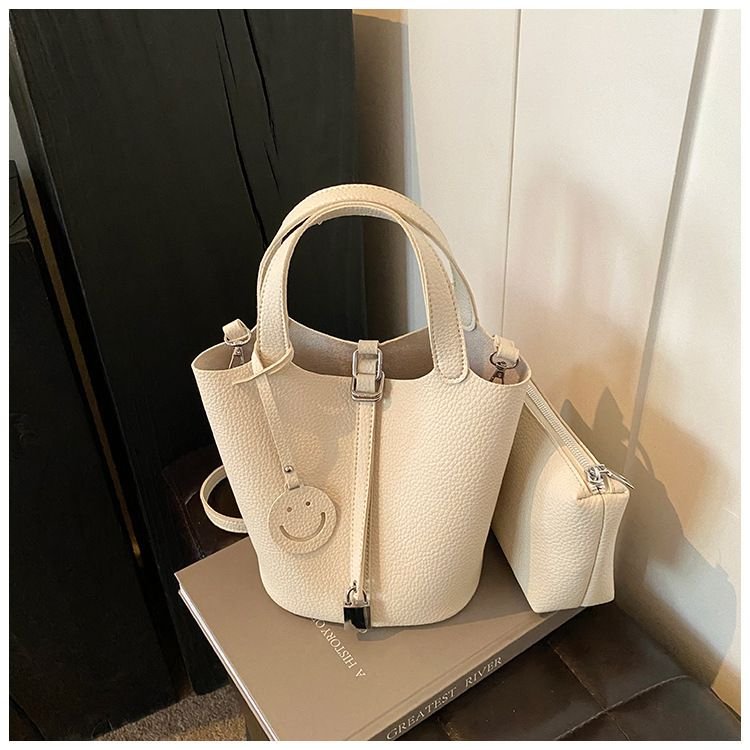 Women Fashionable Solid Color Large Capacity PU Handle Bucket Bag