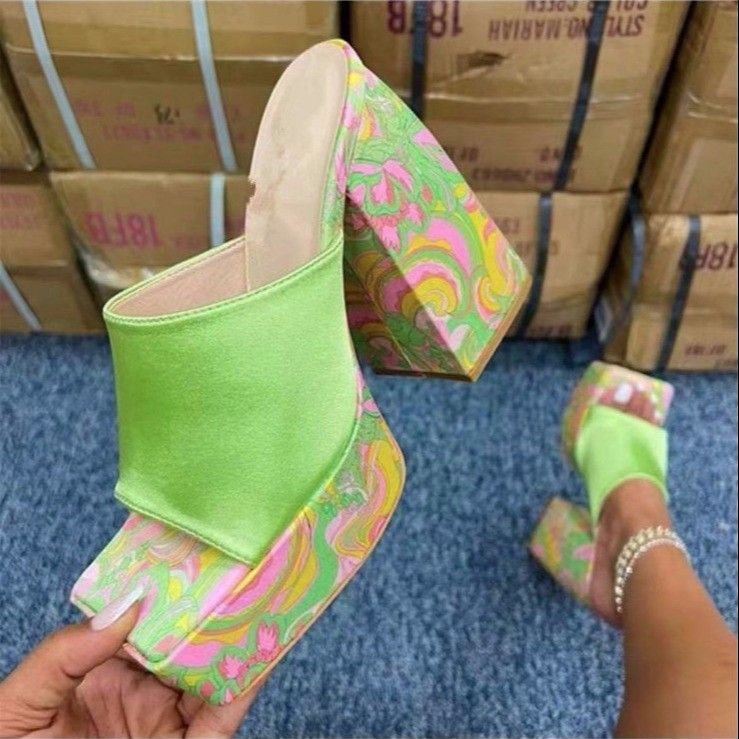 Women Fashion Exaggerated Plus Size Dairy Print Platform Chunky Heel Square Toe High Heel Slippers