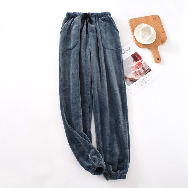 Men Autumn Winter Casual House Pajamas Solid Color Flannel Trousers