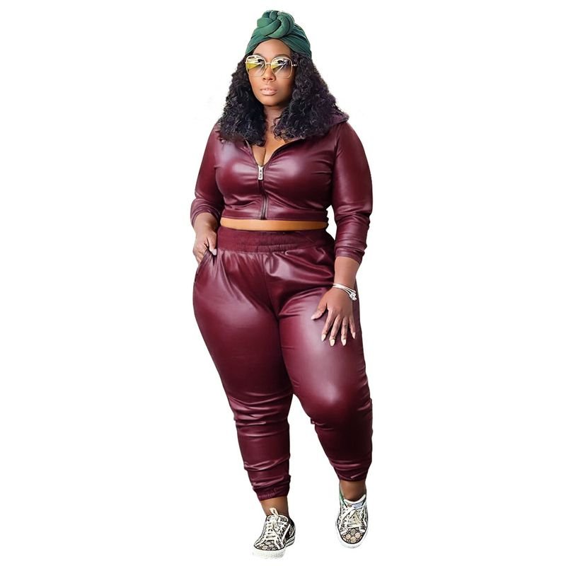 Women Fashion Casual Solid Color Plus Size PU Long Sleeve Zipper Top Pants Two-Piece Set