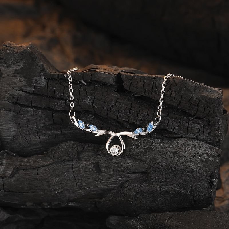 Women Simple Sterling Silver Elk Horn Blue Rhinestone Necklace