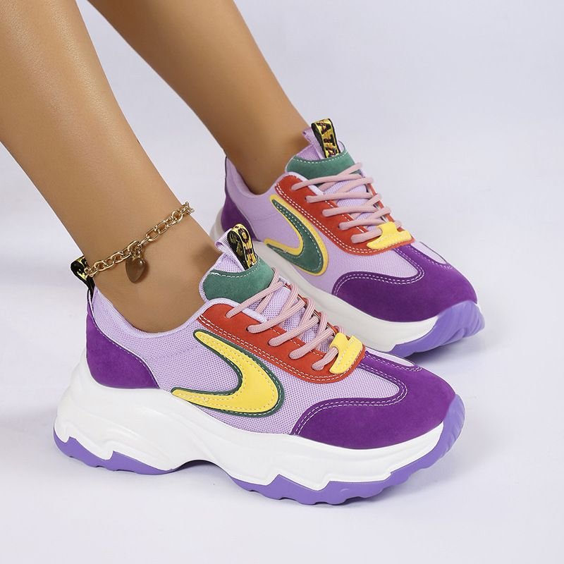 Women Casual Plus Size Color Block Thick-Soled Tie-Sneaker