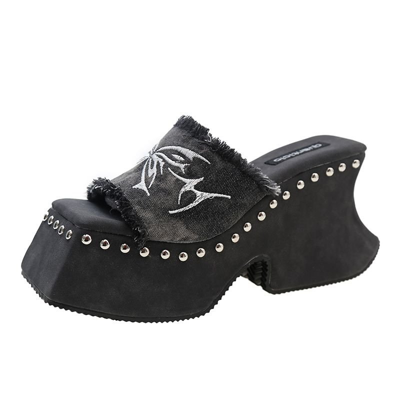 Women Simple Plus Size Platform Denim Embroidered Square Toe Rivet Slippers