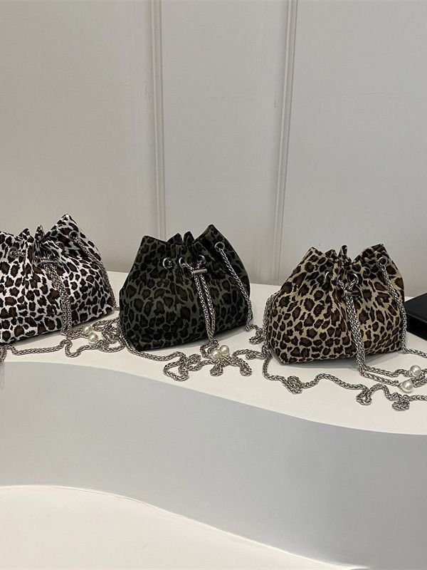 Women Fashion Leopard Printed Chain Bucket Bag