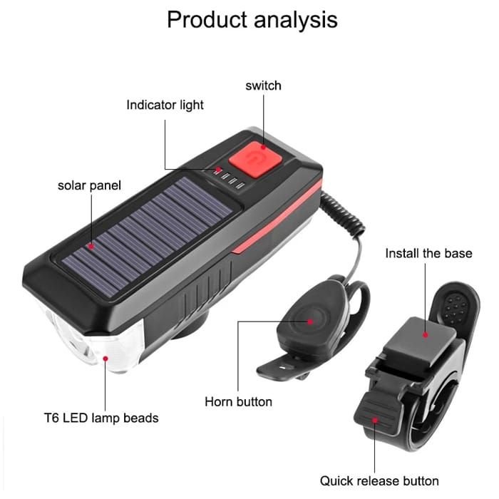 Mountain Bicycle Solar USB Rechargeable Glare Flashlight