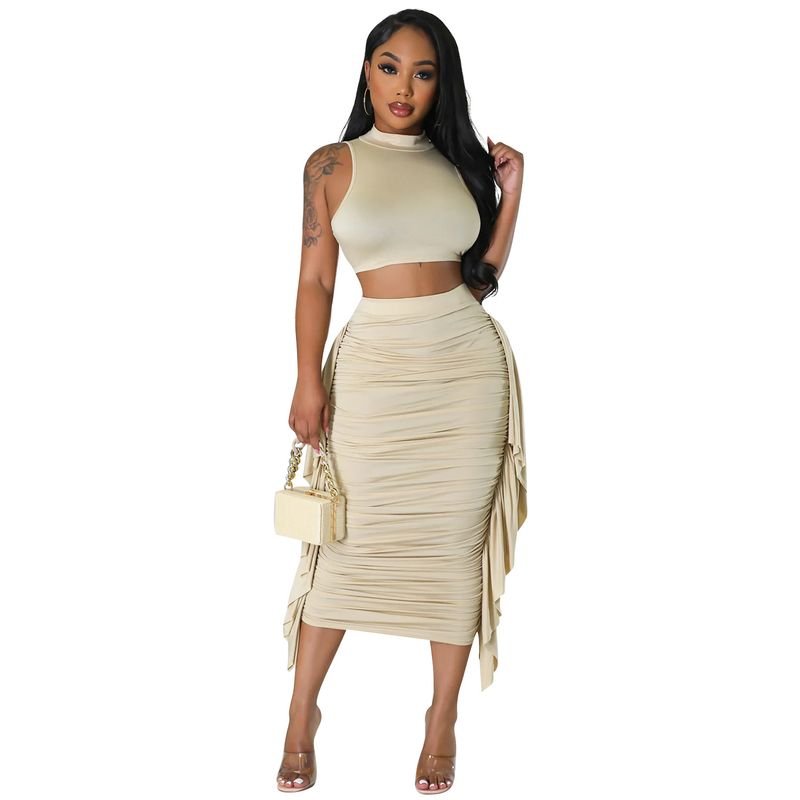 Summer Women Sexy Tight Tassel Sleeveless Skirt Two-Piece Set