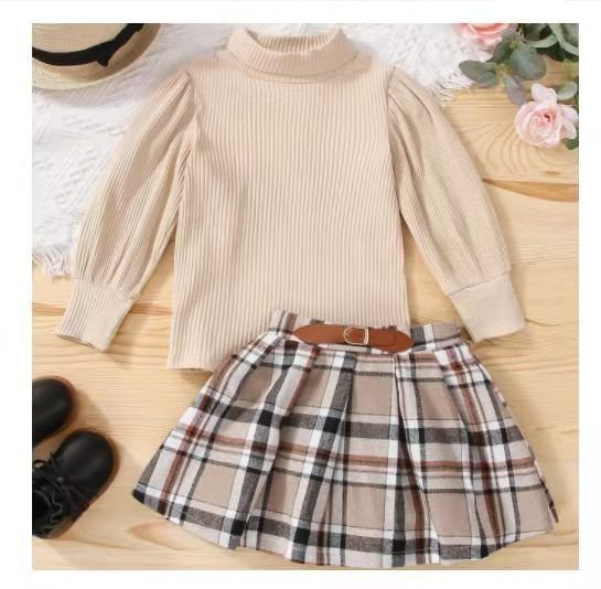 Kids Toddler Girls Fashion Casual Solid Color Rib-Knit Long-Sleeved Turtle Neck Top Plaid Skirt Sets