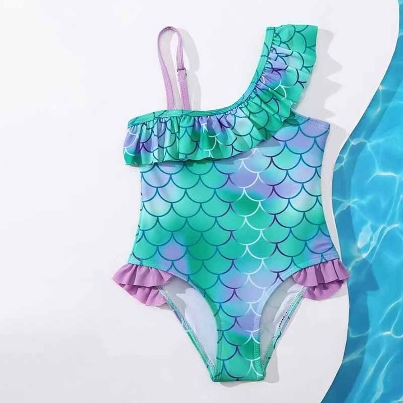 Kids Baby Girls Casual Cute Fish Scale Print One-Shoulder One Piece Swimwear