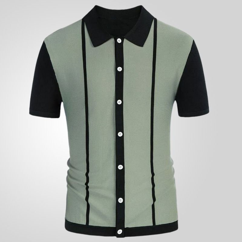 Men Fashion Casual Color Matching Stripe Cardigan Knitted Short Sleeve Lapel Shirt